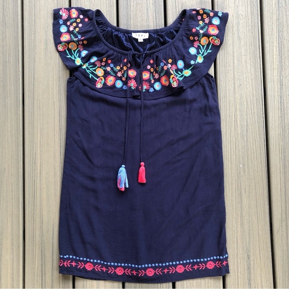 THML Navy Dress with Colorful Floral Embroidery & Tassels Size XS - Picture 1 of 8